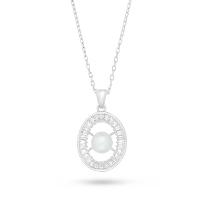 Sterling Silver 925 Necklace Rhodium Plated Embedded With Natural White Pearl And White Zircon