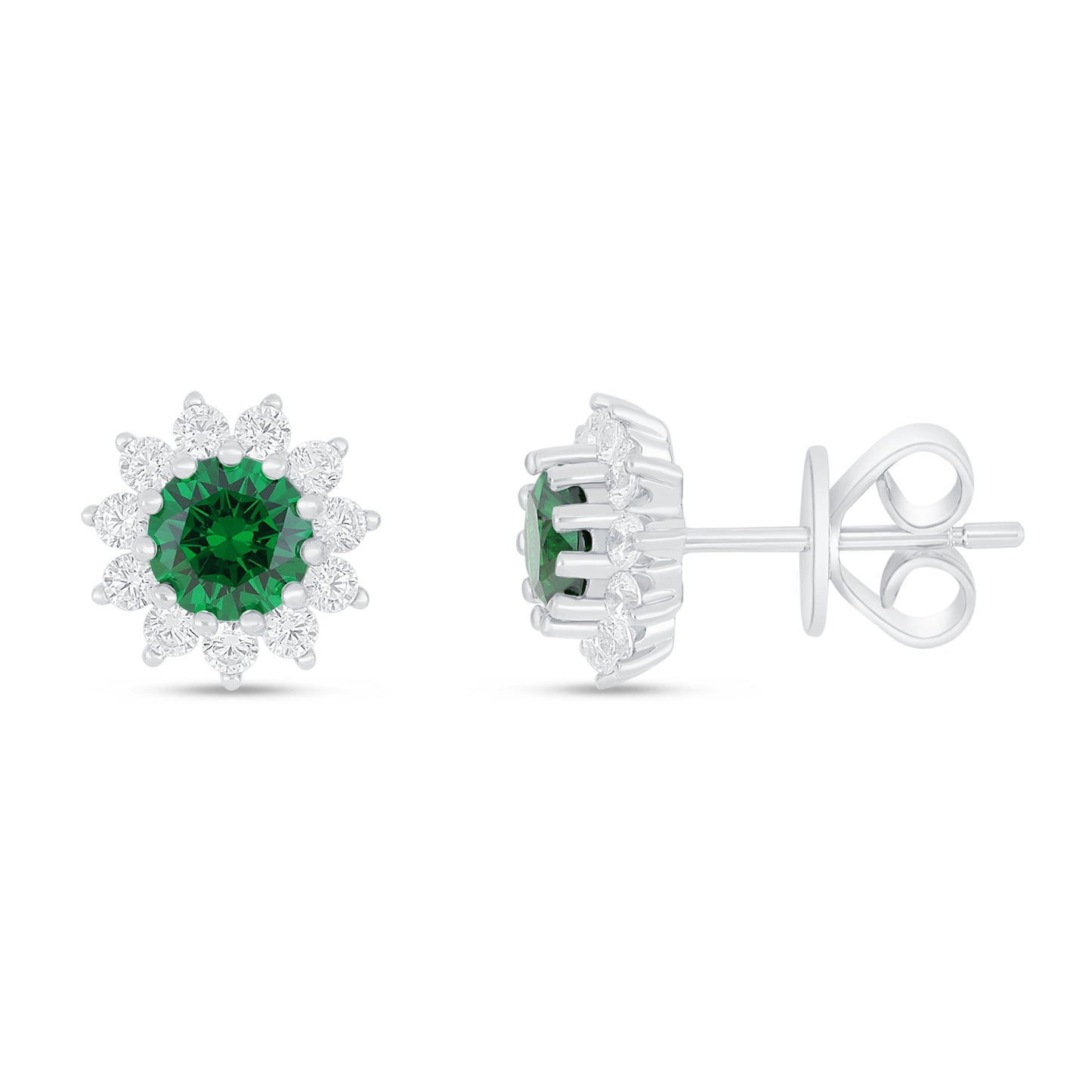 Sterling Silver 925 Earring Rhodium Plated Embedded With Emerald Zircon And White Zircon