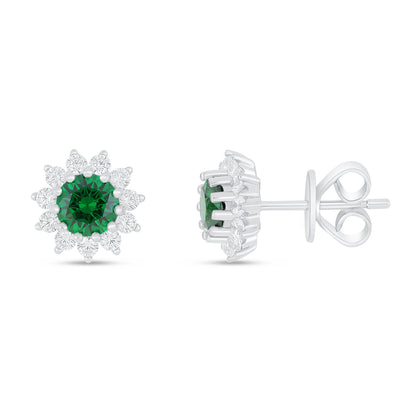 Sterling Silver 925 Earring Rhodium Plated Embedded With Emerald Zircon And White Zircon