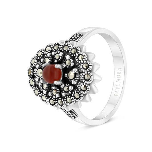 Sterling Silver 925 Ring Embedded With Natural Aqiq And Marcasite Stones
