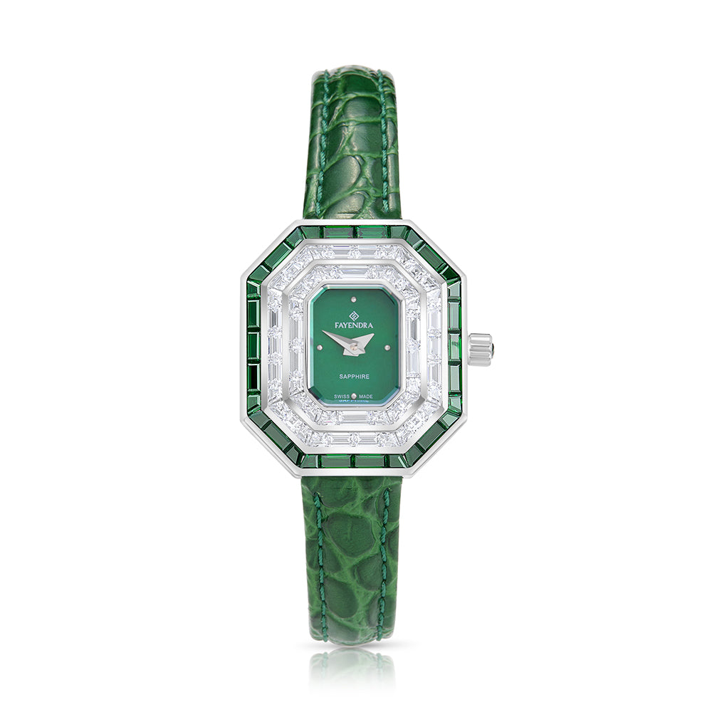 Stainless Steel 316L Watch Silver Color Green Leather Embedded With Emerald Zircon And White Zircon - GREEN MOP DIAL