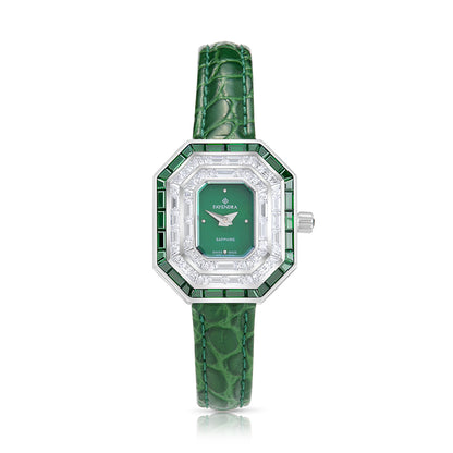Stainless Steel 316L Watch Silver Color Green Leather Embedded With Emerald Zircon And White Zircon - GREEN MOP DIAL