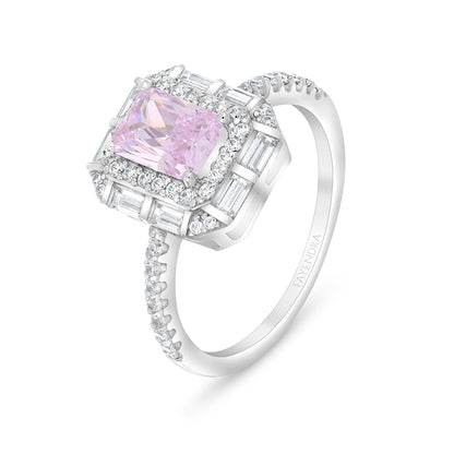 Sterling Silver 925 Ring  Rhodium Plated Embedded With Pink Zircon And White Zircon