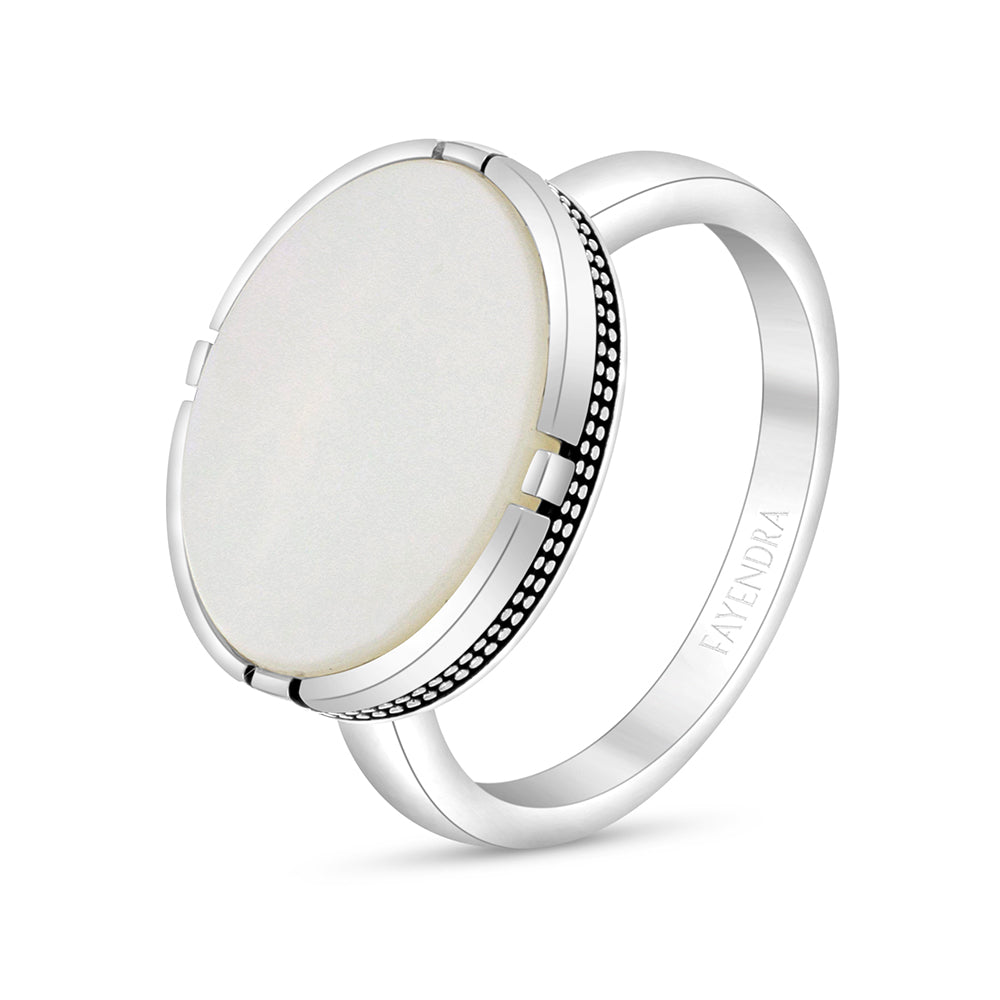 Sterling Silver 925 Ring Rhodium And Black Plated Embedded With White Shell For Men