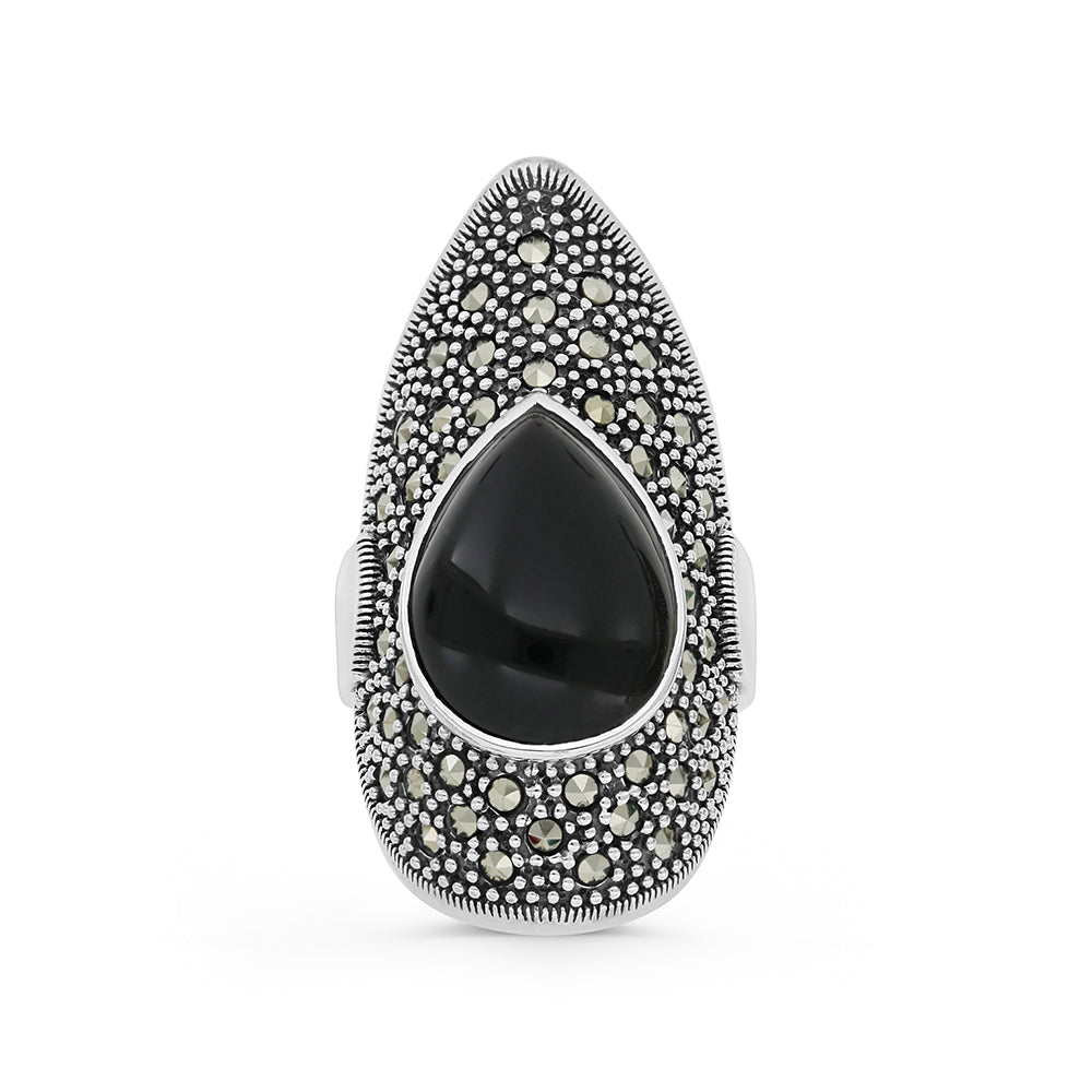 Sterling Silver 925 Ring Embedded With Natural Black Agate And Marcasite Stones