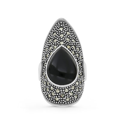 Sterling Silver 925 Ring Embedded With Natural Black Agate And Marcasite Stones