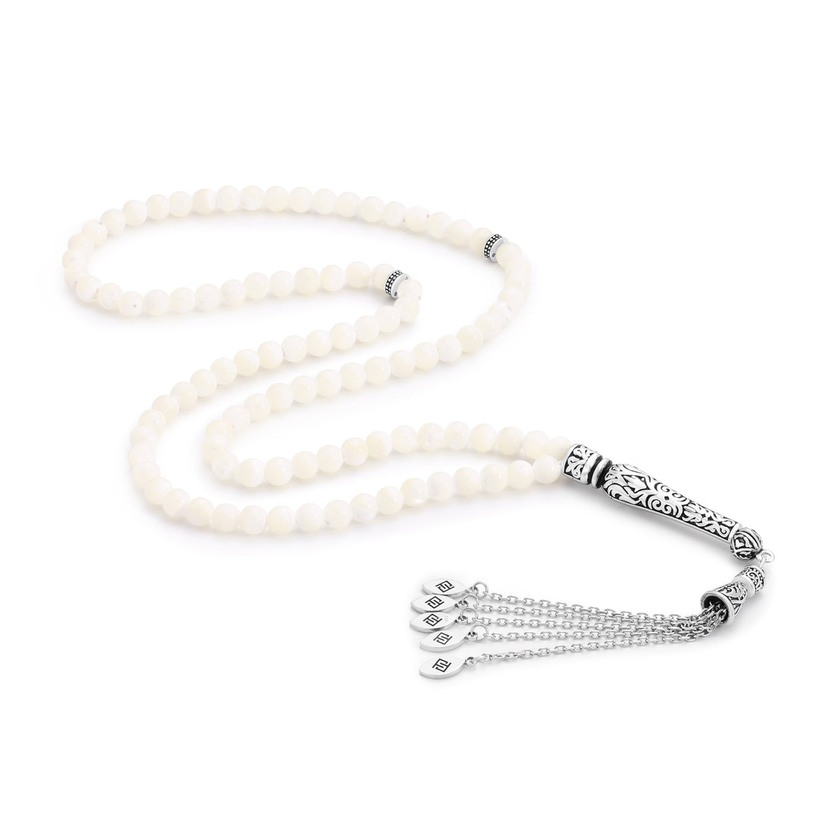 Rosary 100 White Shell Stones 6 mm With Stainless Steel 316L Set Silver And Black Plated