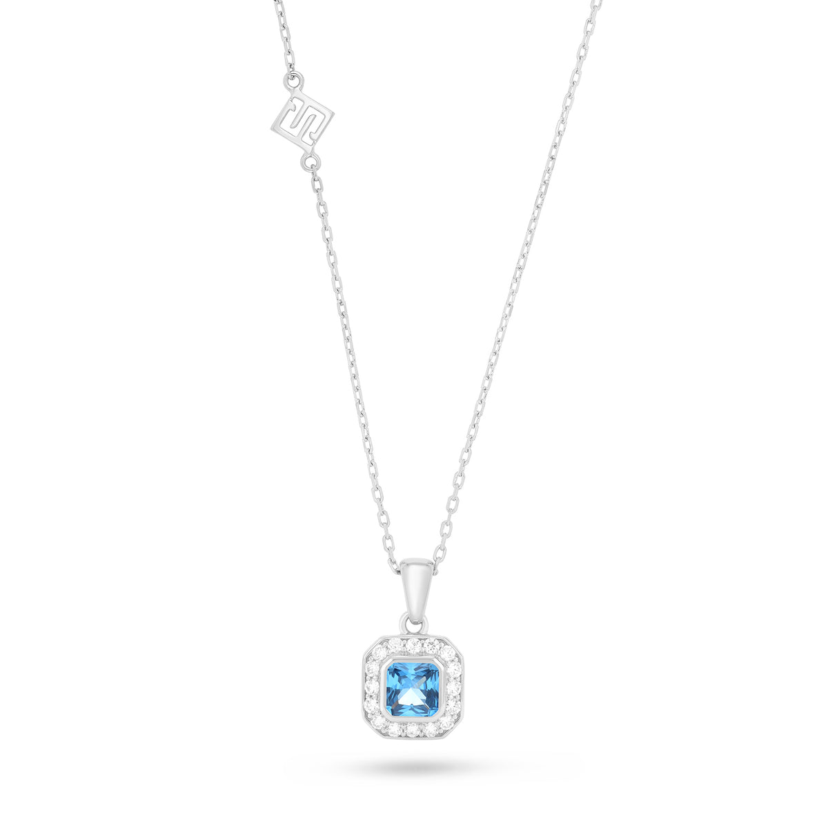Sterling Silver 925 Necklace Rhodium Plated Embedded With Blue Spinel And White Zircon