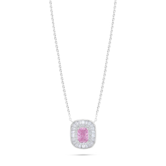 Sterling Silver 925 Necklace Rhodium Plated Embedded With Pink Zircon And White Zircon