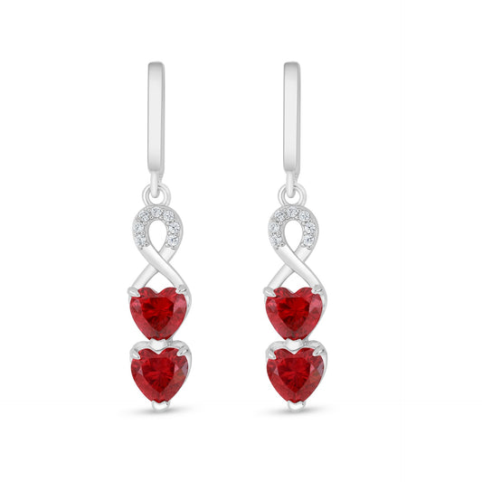 Sterling Silver 925 Earring Rhodium Plated Embedded With Ruby Corundum And White Zircon