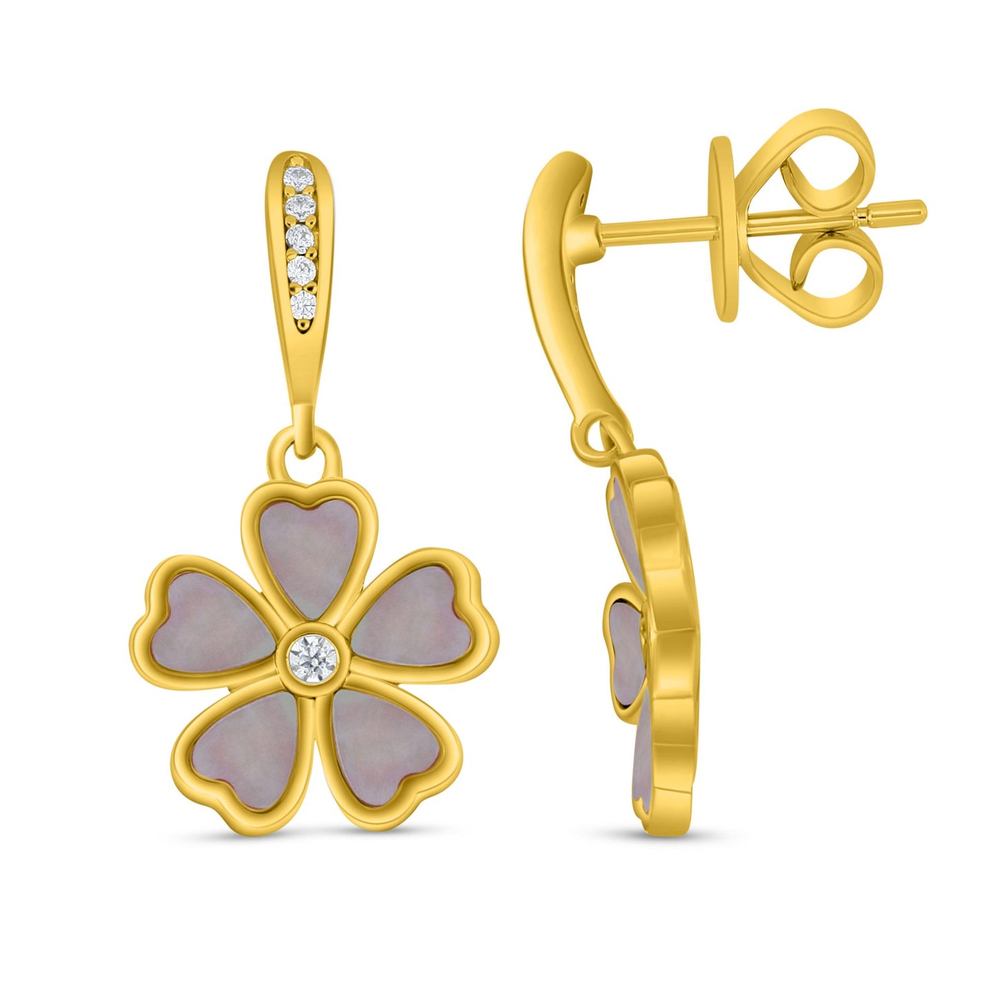 Sterling Silver 925 Earring Golden Plated Embedded With Pink Shell And White Zircon