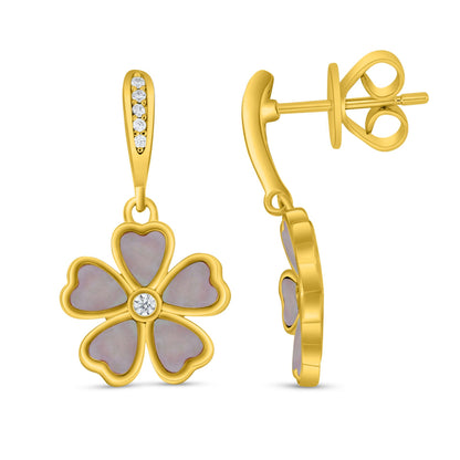 Sterling Silver 925 Earring Golden Plated Embedded With Pink Shell And White Zircon