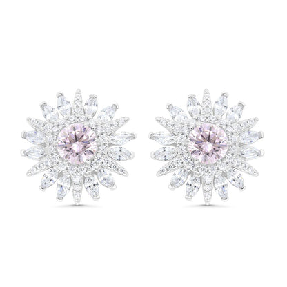 Sterling Silver 925 Earring Rhodium Plated Embedded With pink Zircon And White Zircon