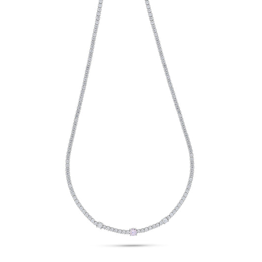 Sterling Silver 925 Necklace Rhodium Plated Embedded With Pink Zircon And White Zircon