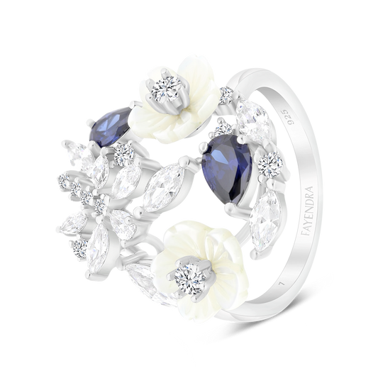 Sterling Silver 925 Ring Rhodium Plated Natural White Shell Tanzanite