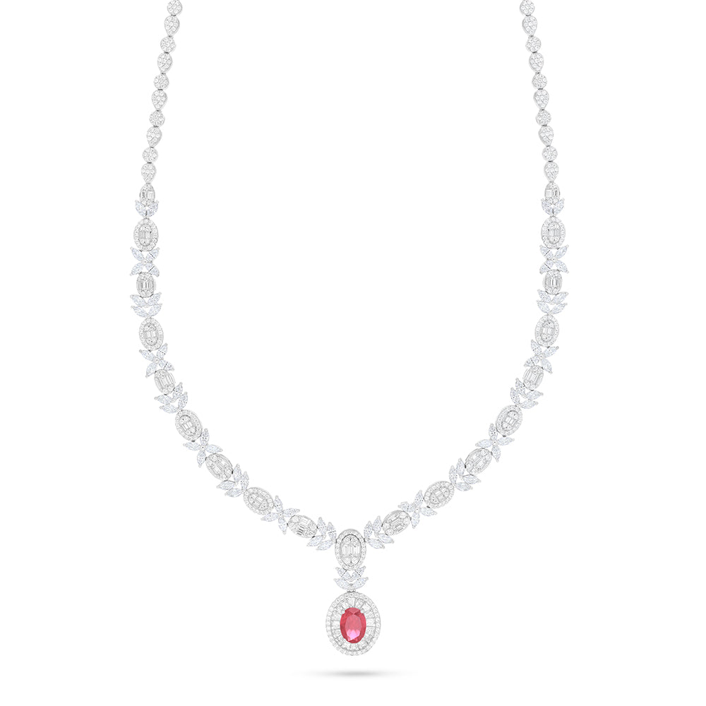 Sterling Silver 925 Set Rhodium Plated Embedded With Ruby Corundum And White Zircon