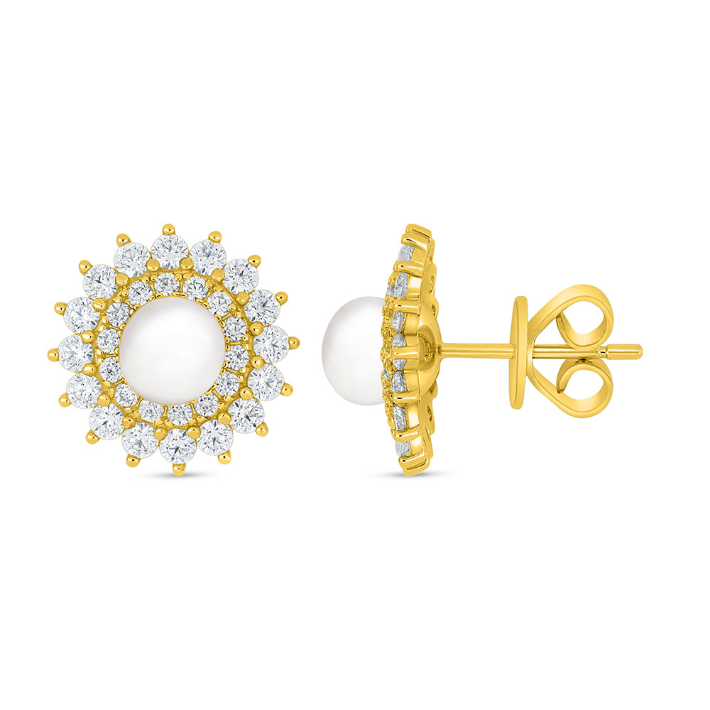 Sterling Silver 925 Earring Golden Plated Embedded With Natural White Pearl And White Zircon