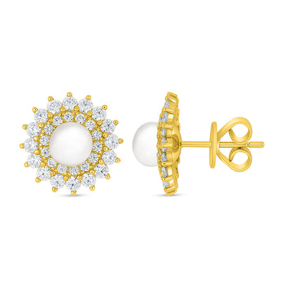 Sterling Silver 925 Earring Golden Plated Embedded With Natural White Pearl And White Zircon