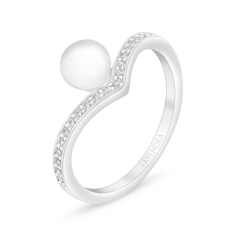 Sterling Silver 925 Ring Rhodium Plated Embedded With Natural White Pearl And White Zircon