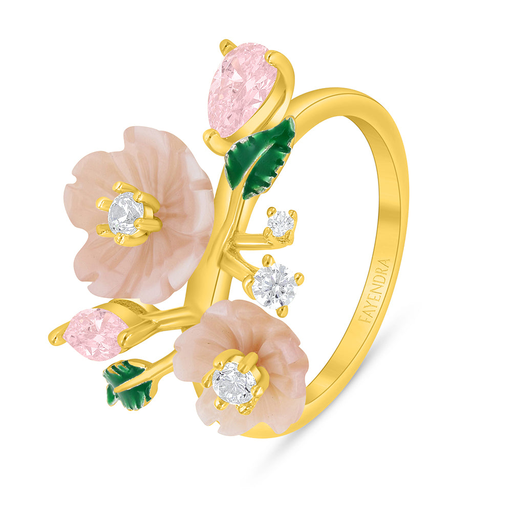Sterling Silver 925 Ring Golden Plated Embedded With Pink Shell And Pink Zircon And White Zircon
