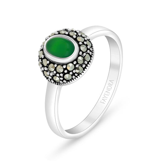 Sterling Silver 925 Ring Embedded With Natural Green Agate And Marcasite Stones