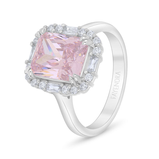 Sterling Silver 925 Ring Rhodium Plated Embedded With Pink Zircon And White Zircon