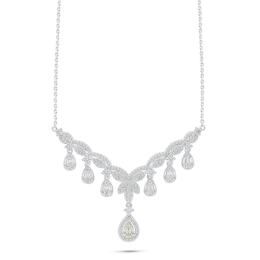 Sterling Silver 925 Necklace Rhodium Plated Embedded With Yellow Diamond And White Zircon