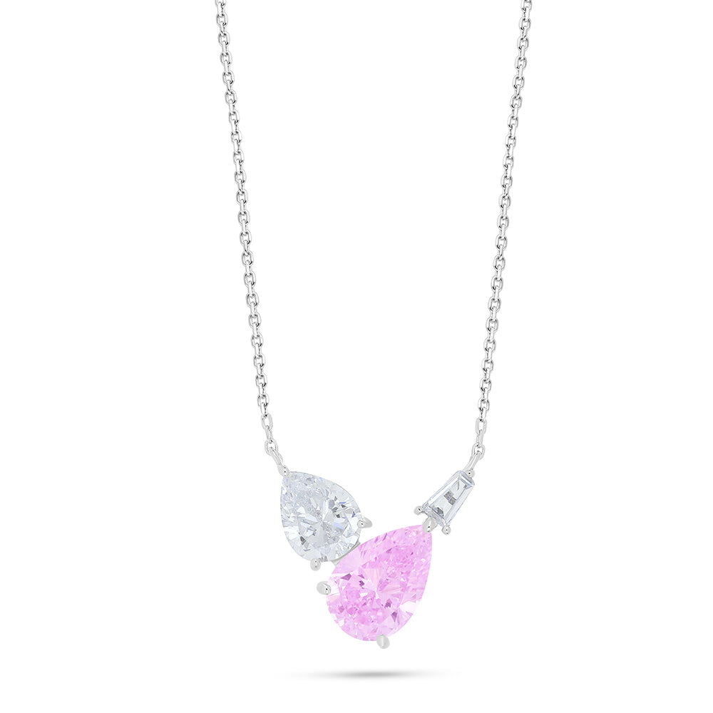 Sterling Silver 925 Necklace Rhodium Plated Embedded With Pink Zircon And White Zircon