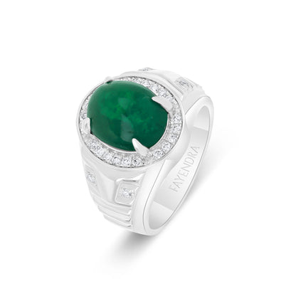 خاتم رجالي عيار 925 مطلي روديوم مرصع بحجر الزمرد الطبيعي و الالماس الطبيعي سي في دي جودة في في اس