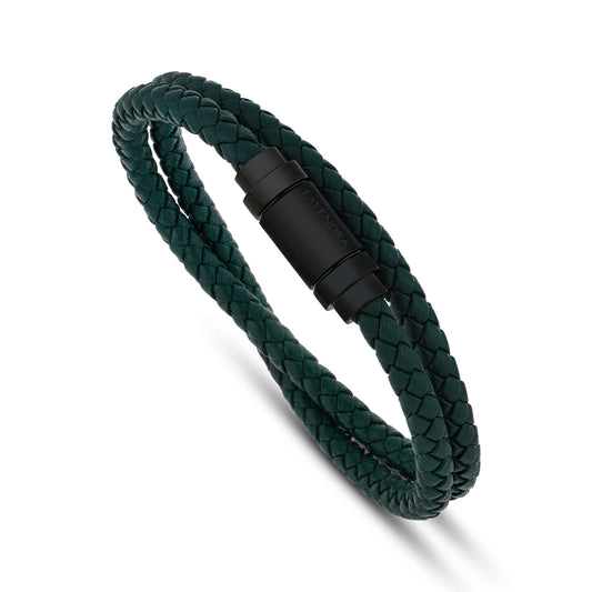 Stainless Steel 304 L Bracelet, Black Color Green Leather For Men