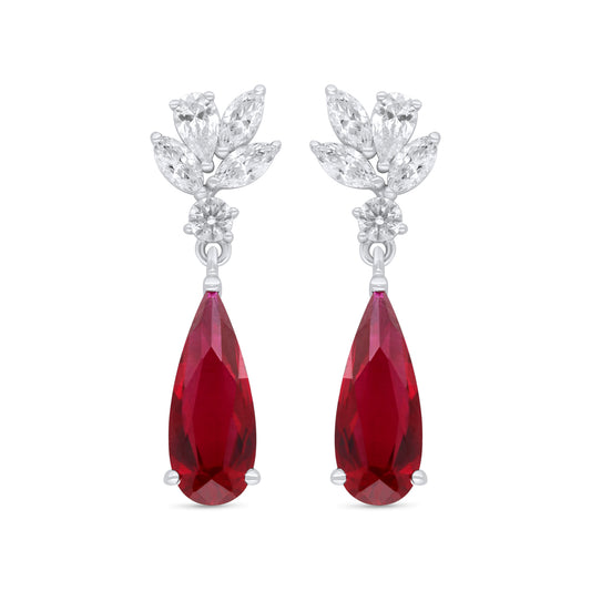 Sterling Silver 925 Earring Rhodium Plated Embedded With Ruby Corundum And White Zircon