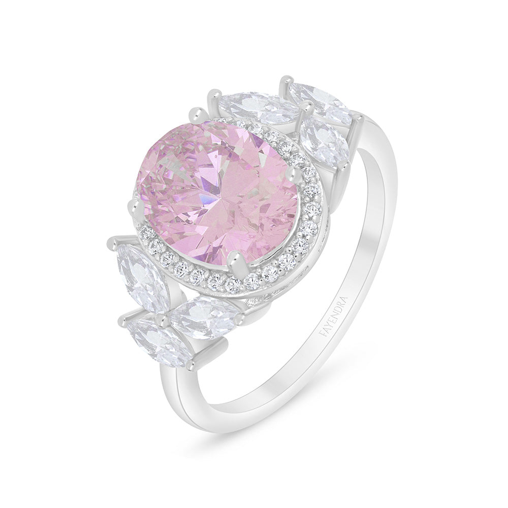 Sterling Silver 925 Ring Rhodium Plated Embedded With Pink Zircon And White Zircon