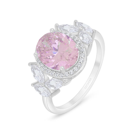 Sterling Silver 925 Ring Rhodium Plated Embedded With Pink Zircon And White Zircon
