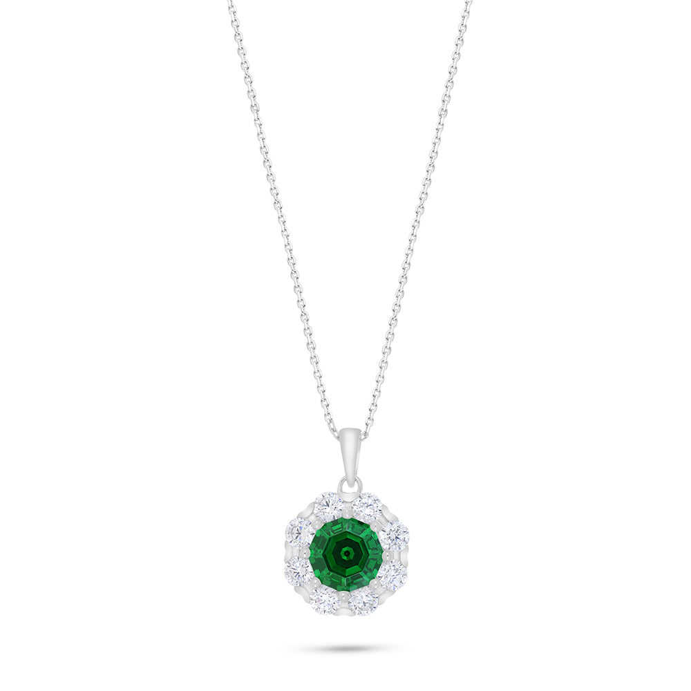 Sterling Silver 925 Necklace Rhodium Plated Embedded With Emerald Zircon And White Zircon