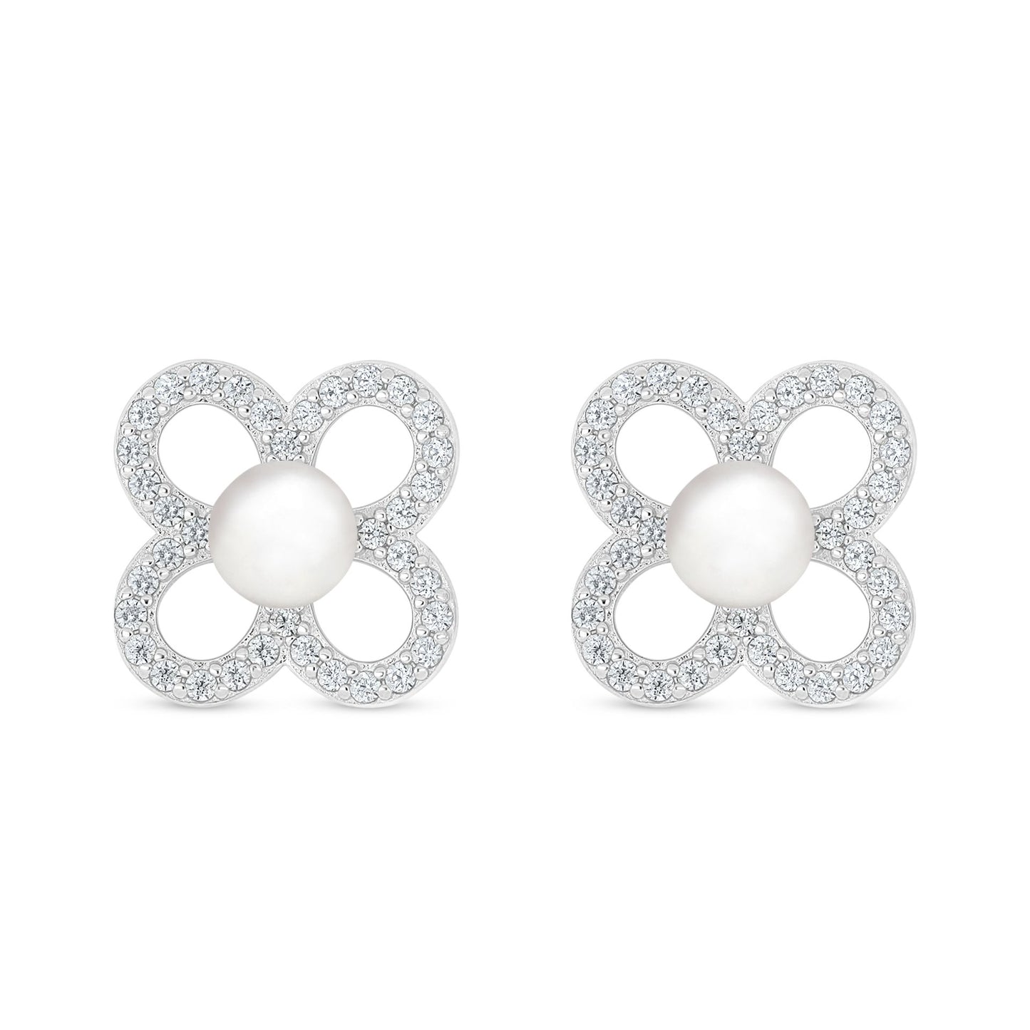 Sterling Silver 925 Earring Rhodium Plated Embedded With Natural White Pearl And White Zircon