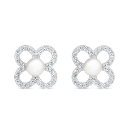 Sterling Silver 925 Earring Rhodium Plated Embedded With Natural White Pearl And White Zircon