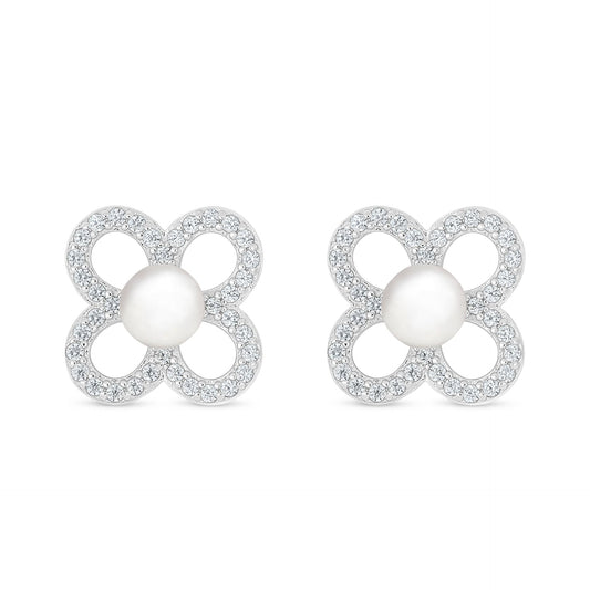 Sterling Silver 925 Earring Rhodium Plated Embedded With Natural White Pearl And White Zircon