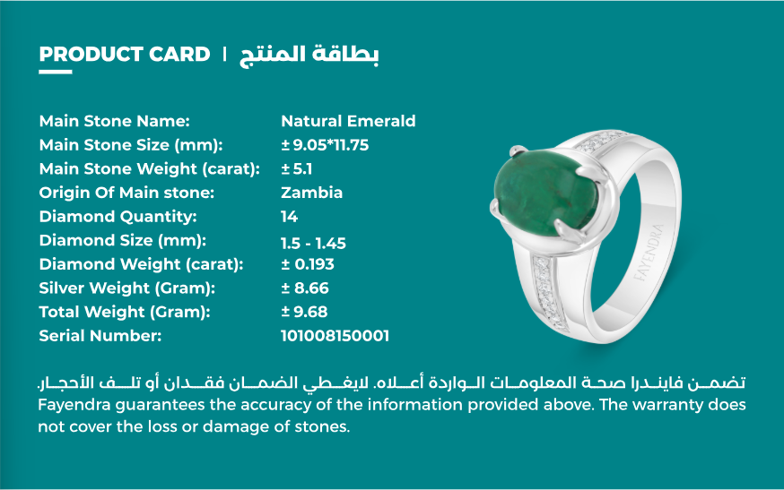 خاتم رجالي عيار 925 مطلي روديوم مرصع بحجر الزمرد الطبيعي و الالماس الطبيعي سي في دي جودة في في اس