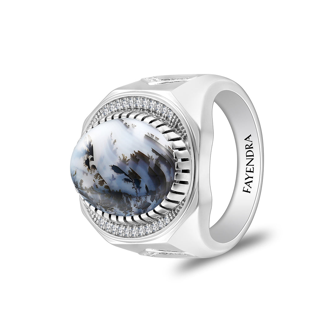 Sterling Silver 925 Ring Rhodium Plated Embedded With Cabochon Natural Agate And White Zircon For Men