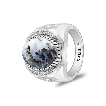 Sterling Silver 925 Ring Rhodium Plated Embedded With Cabochon Natural Agate And White Zircon For Men
