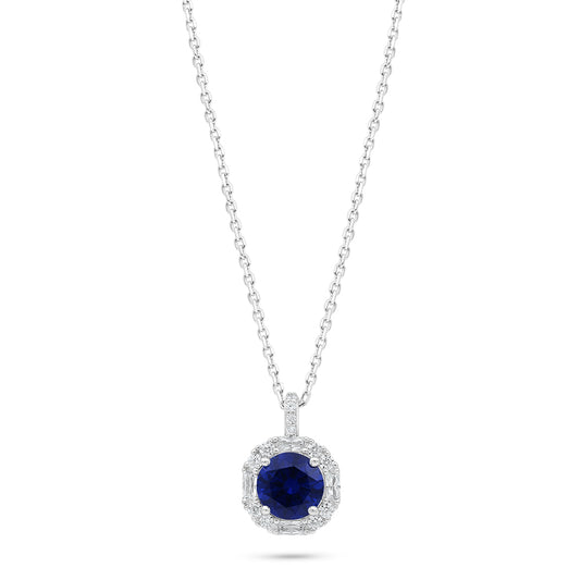 Sterling Silver 925 Necklace Rhodium Plated Embedded With Sapphire Corundum And White Zircon