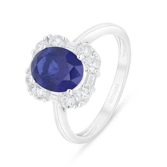 Sterling Silver 925 Ring Rhodium Plated Embedded With Sapphire Corundum And White Zircon