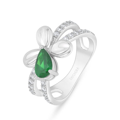 Sterling Silver 925 Ring Rhodium Plated Embedded With Emerald Zircon And White Zircon