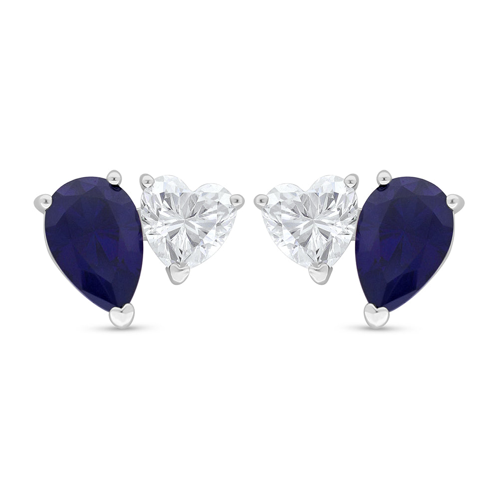Sterling Silver 925 Earring Rhodium Plated Embedded With Sapphire Corundum And White Zircon
