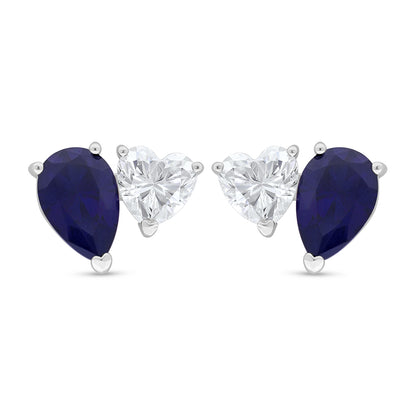 Sterling Silver 925 Earring Rhodium Plated Embedded With Sapphire Corundum And White Zircon