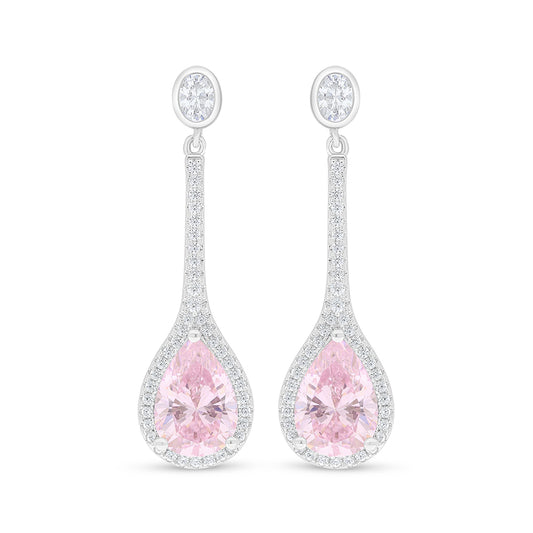 Sterling Silver 925 Earring Rhodium Plated Embedded With Pink Zircon And White Zircon