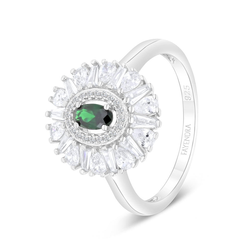 Sterling Silver 925 Ring Rhodium Plated Embedded With Emerald Zircon And White Zircon