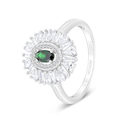 Sterling Silver 925 Ring Rhodium Plated Embedded With Emerald Zircon And White Zircon
