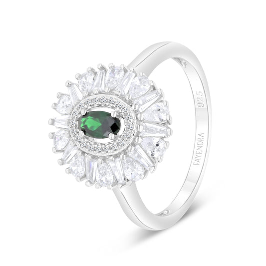 Sterling Silver 925 Ring Rhodium Plated Embedded With Emerald Zircon And White Zircon