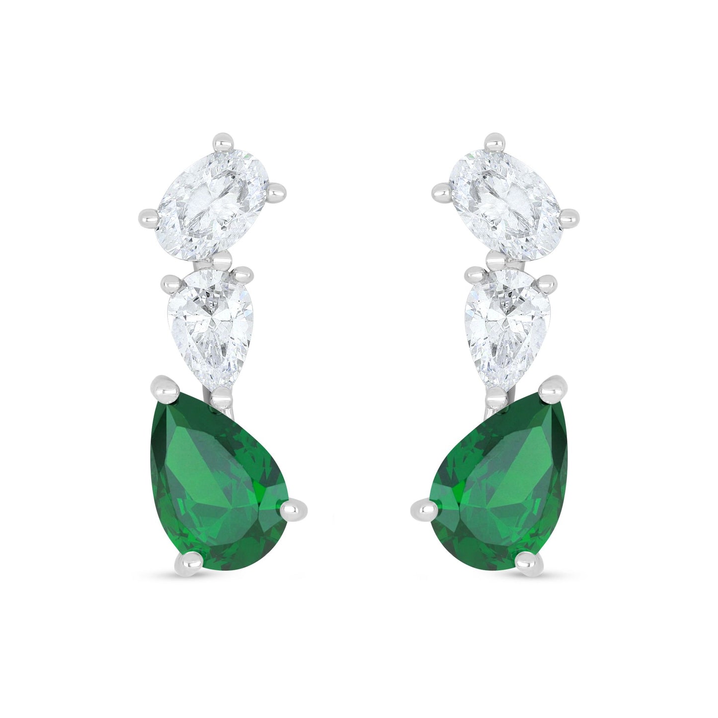 Sterling Silver 925 Earring Rhodium Plated Embedded With Emerald Zircon And White Zircon